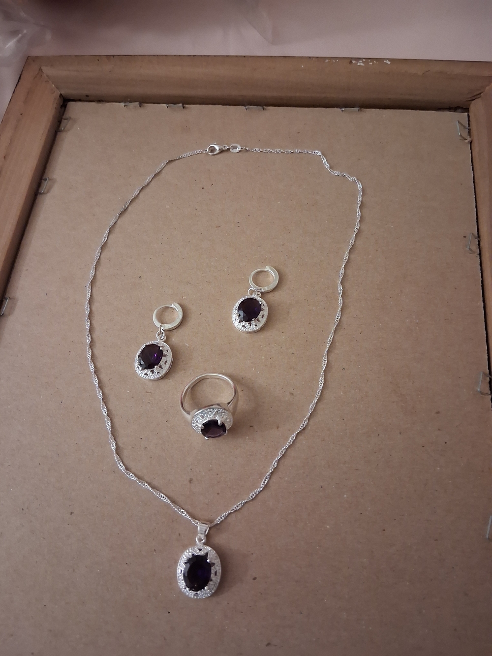 Sterling Silver Amethyst Pendant Necklace with Matching Ring & Earrings - Purple